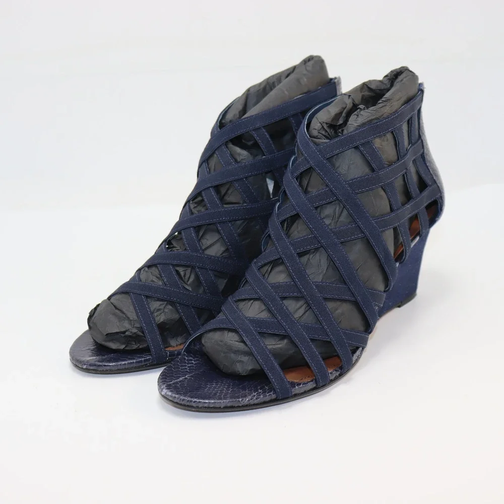 Donald‎ J Pliner Wedge Sandals 10M Blue Womens Strappy Snakeskin Denim Heels